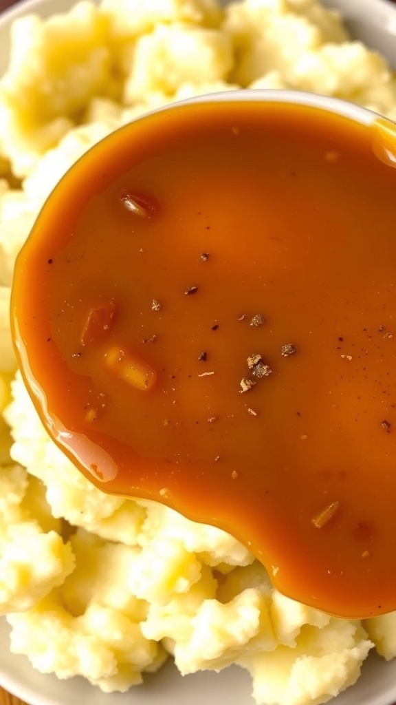 A bowl of homemade brown gravy next to a plate of mashed potatoes, garnished with black pepper.